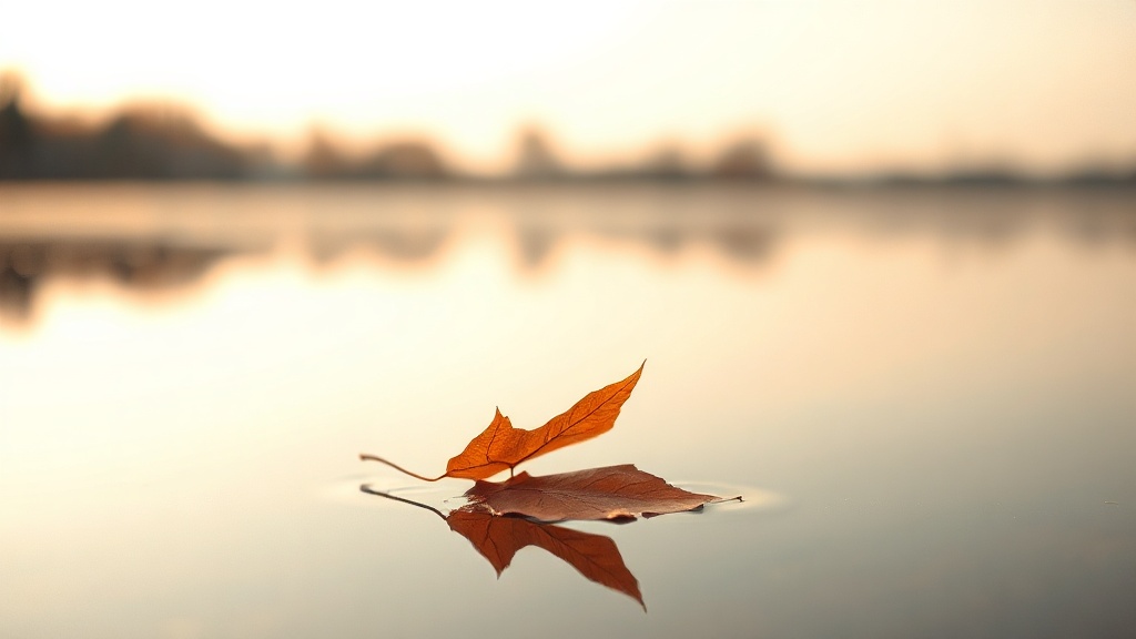 Feuille d'automne sur l'eau calme évoquant l'impermanence et l'acceptation de la mort dans le bouddhisme