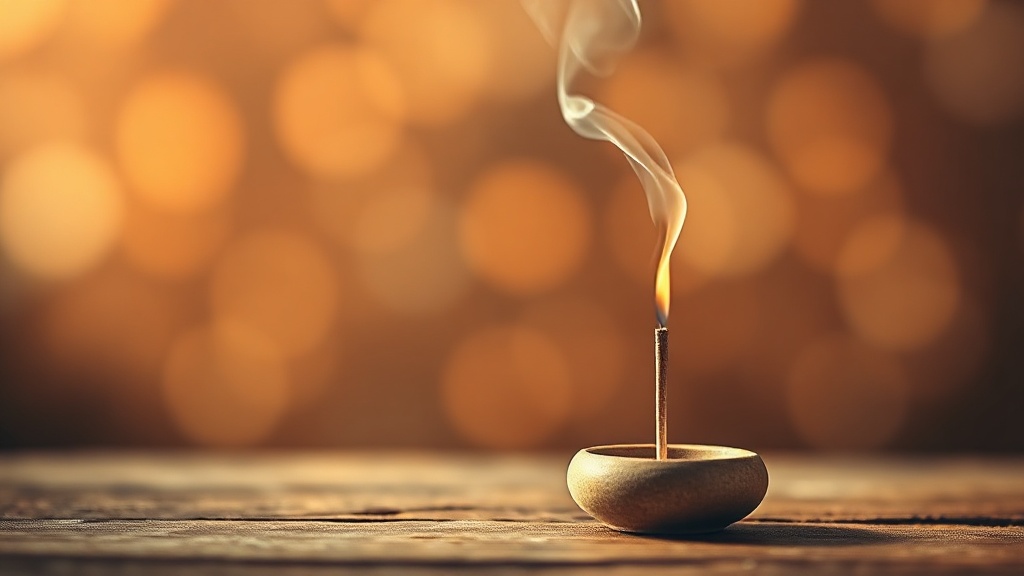 Bâton d'encens allumé sur un support céramique, symbolisant la pleine conscience et le moment présent