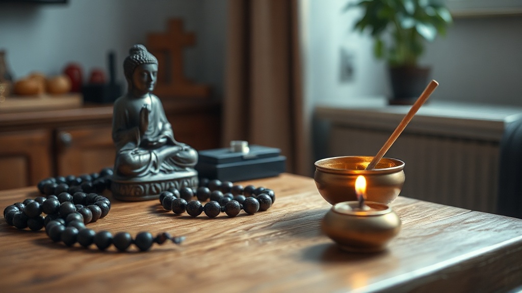 A simple wooden altar with a hand-carved Buddhist statue, wooden mala beads, brass offering bowl and incense, warm side lighting