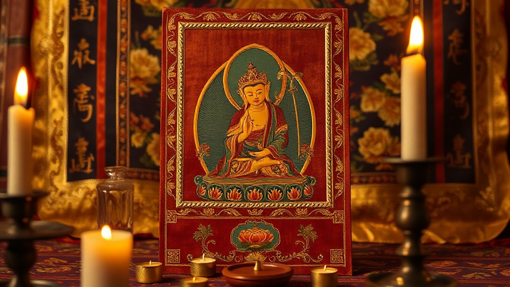 Close-up detail of a traditional Tibetan thangka showing a lotus throne with gilded vajra symbol, warm amber light