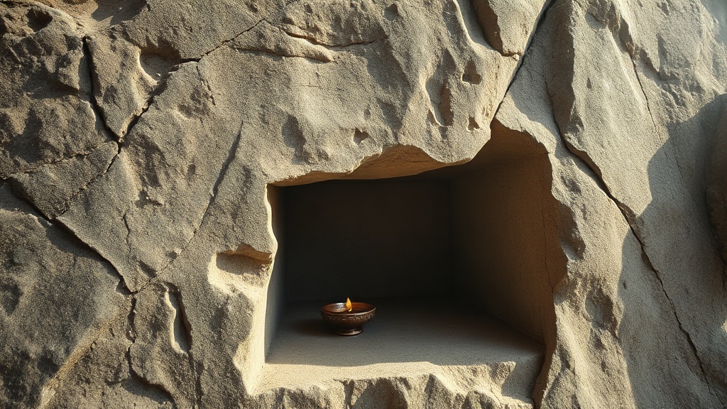 A carved rock niche in a Himalayan cliff face with a small butter lamp and offering bowl, echoing terma concealment traditions