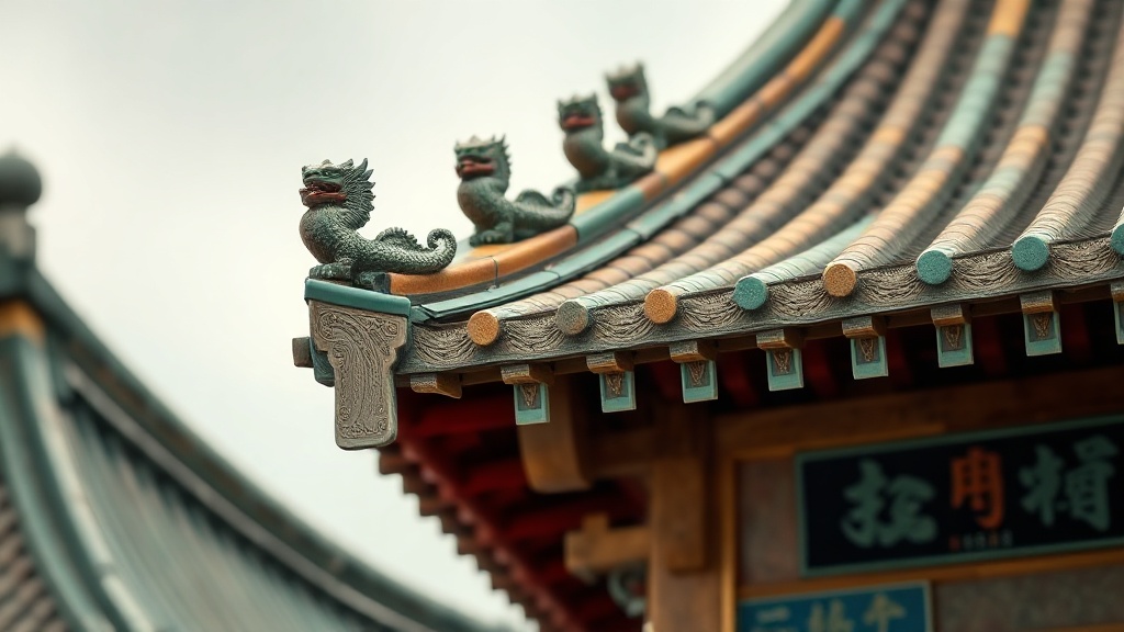 Détail des tuiles et ornements de toiture d'un temple bouddhiste chinois de style Chan