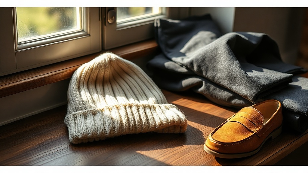 Cream ribbed cashmere beanie, charcoal flannel trousers and tan suede loafers arranged on dark oak surface