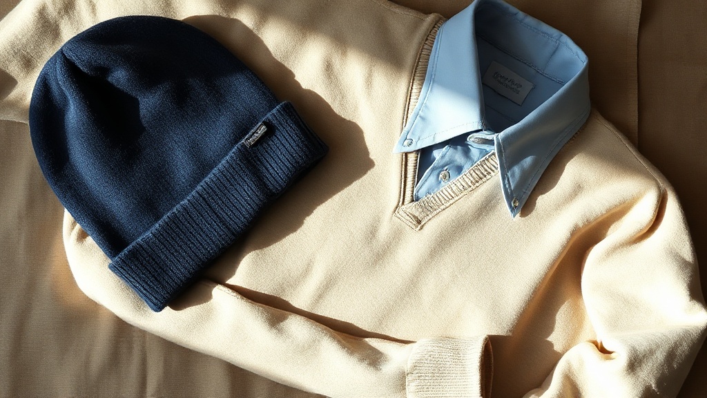 Flat lay of navy cashmere beanie, oatmeal half-zip merino sweater and oxford cloth shirt on warm linen surface