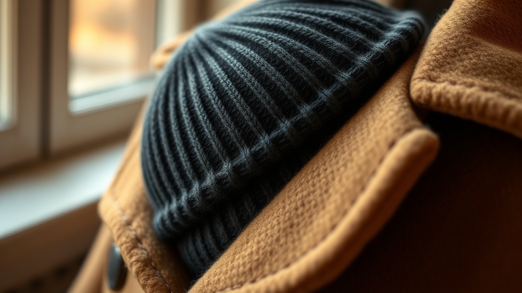 Close-up of charcoal cashmere beanie resting against a camel wool overcoat collar, showing fine rib knit texture