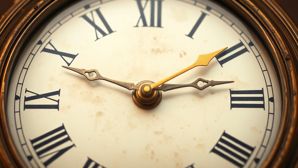 Close-up of a Roman numeral clock face with brass hands on a cream-colored dial