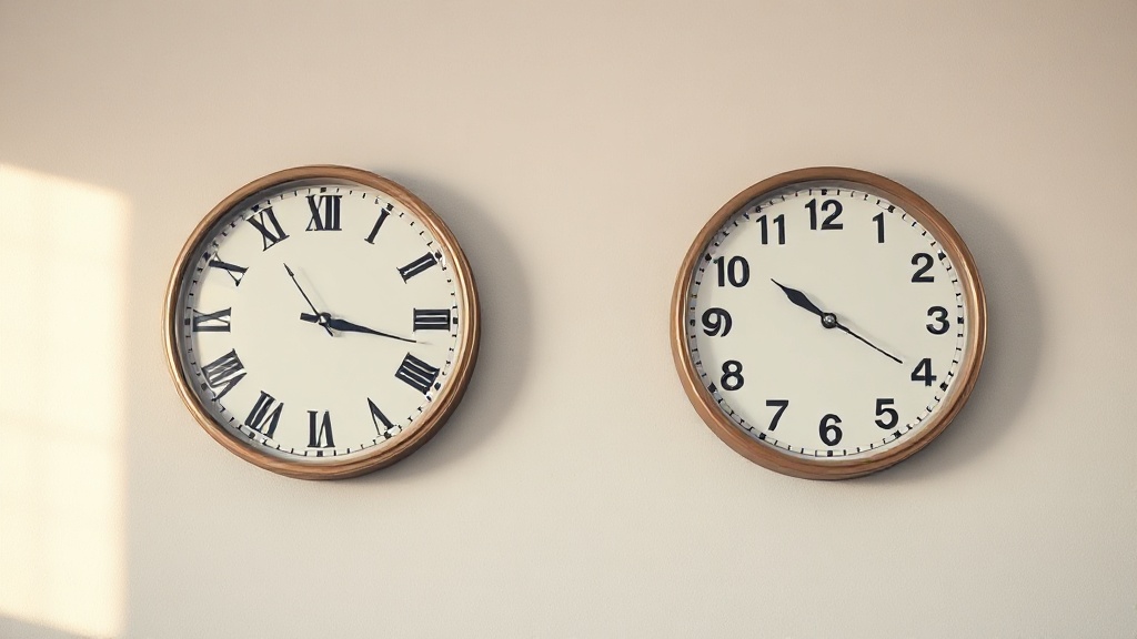 Two wall clocks side by side showing Roman numeral and Arabic numeral dials for comparison