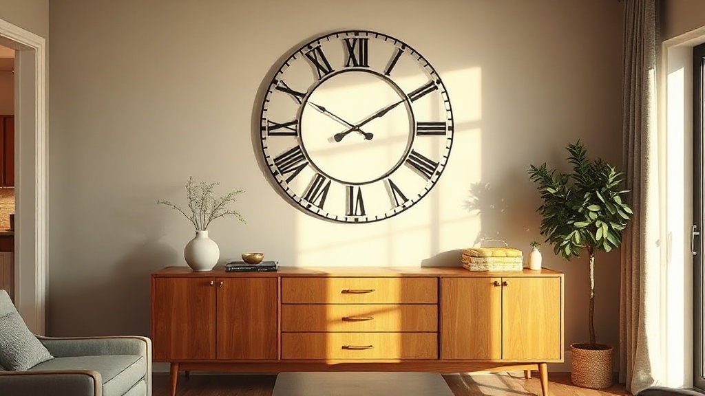 Large Roman numeral wall clock styled above a mid-century sideboard in a warm living room