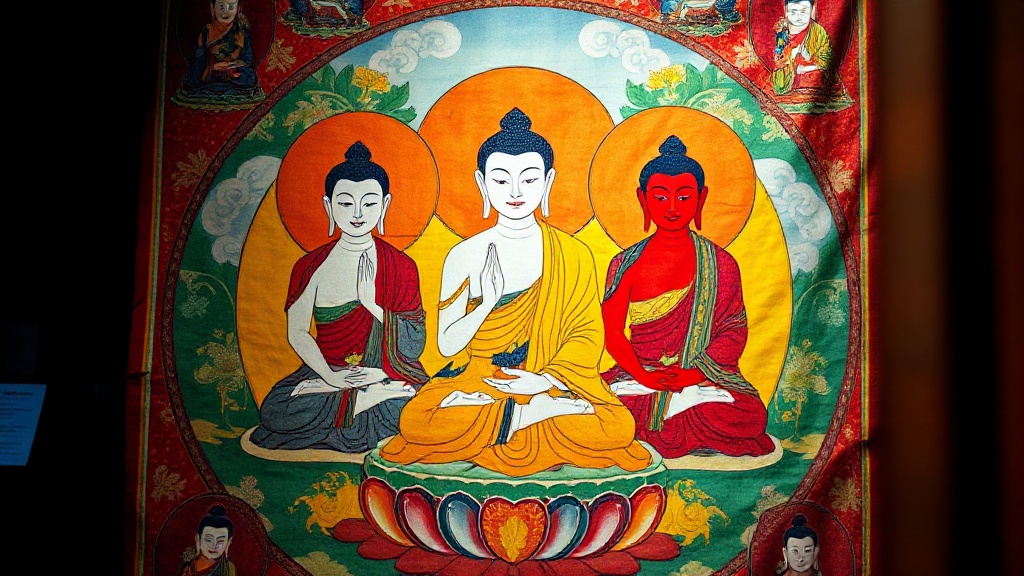 Tibetan thangka painting showing the five dhyani buddhas in mandala arrangement with distinct colors