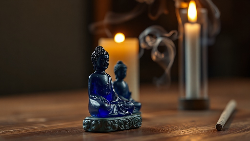 Blue lapis lazuli Buddha figurine on wooden altar with incense smoke, representing Akshobhya of the Vajra family