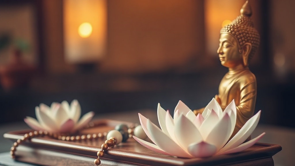Golden Buddha statue on meditation altar surrounded by lotus flower and mala beads, evoking Amitabha and Padma family