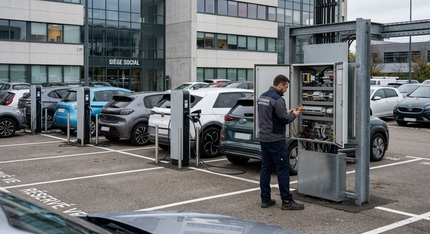Parking d'entreprise avec plusieurs véhicules électriques en charge sur bornes de recharge IRVE modernes vérifiées par un technicien