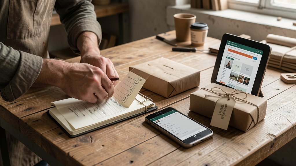 Commerçant préparant une commande en ligne sur un comptoir en bois avec colis artisanal