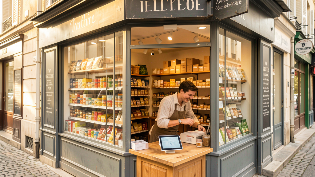 Boutique de quartier connectée, commerçant préparant une commande click and collect