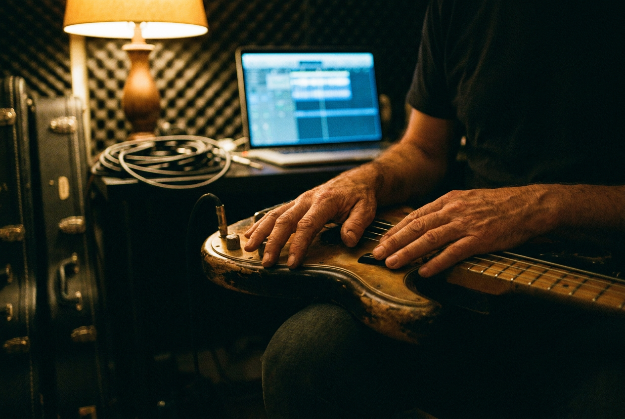 A close-up of a musician's calloused hands resting on an electric bass guitar in a dark recording studio, with a faint glow from a laptop screen showing AI waveform analysis in the background. The mood is tense and contemplative.