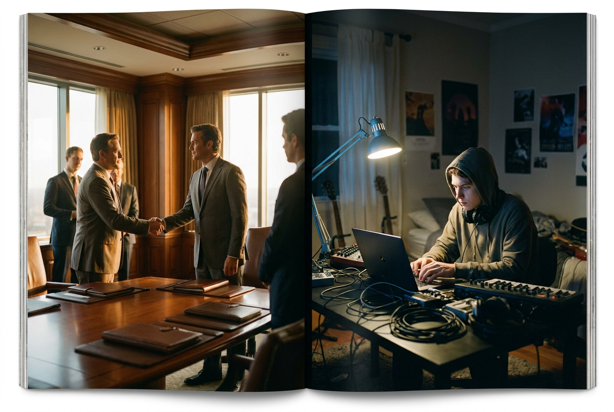 A split-screen scene showing two contrasting worlds — on the left, a corporate boardroom with executives in suits shaking hands over documents with AI company logos, bathed in warm golden light. On the right, a small dimly lit bedroom studio where a young musician sits alone at a laptop with headphones around their neck, looking at a screen showing streaming royalty numbers. The contrast between wealth and struggle is stark.