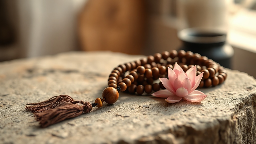Mala tibétain en bois posé sur pierre avec fleur de lotus