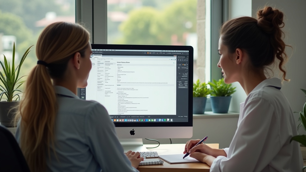 Recepcionista e assistente revendo configurações de plugin de SEO no computador da clínica.