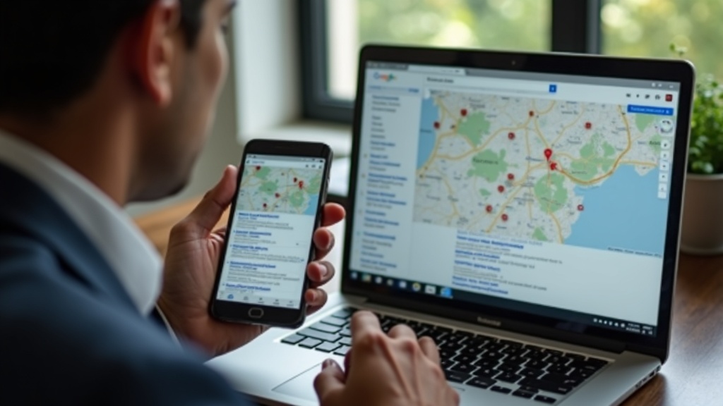 Profissional analisando resultados no Google e mapa local para otimizar presença online do consultório.