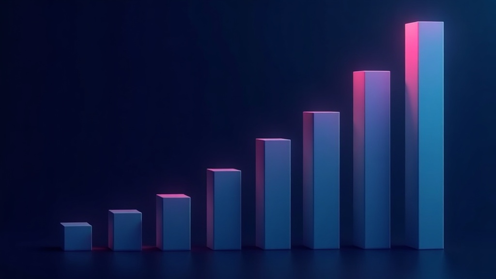 Minimalist dark background with ascending bar chart shapes in cyan and violet gradients, geometric cost-savings visual m
