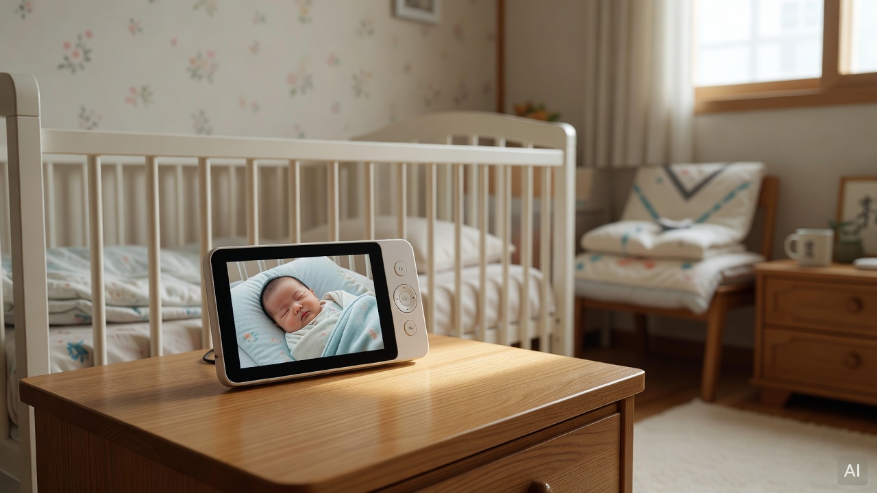 baby monitor screen showing crib with sleeping baby, placed on a wooden nightstand