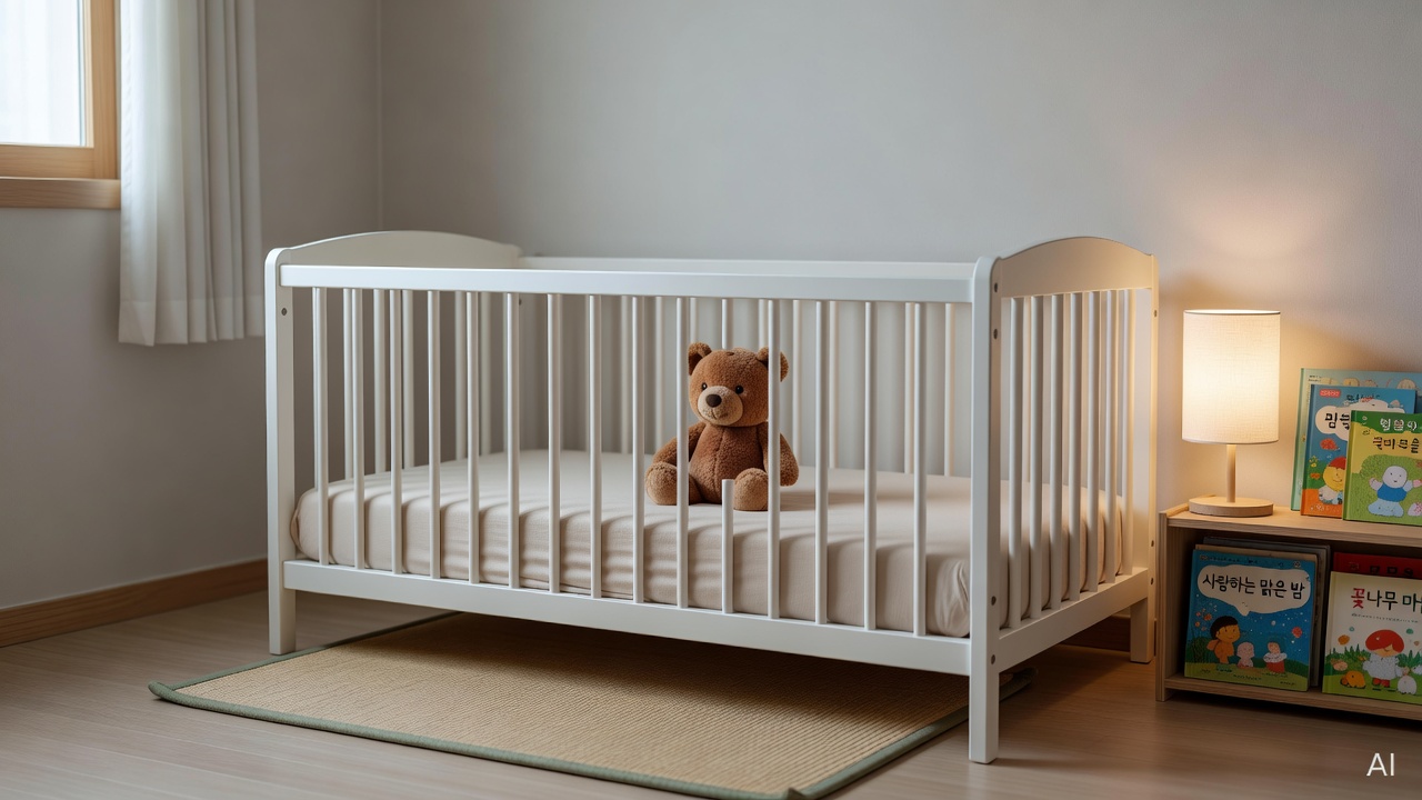 cozy nursery room with a white crib, soft lighting lamp, and a small plush toy on the mattress
