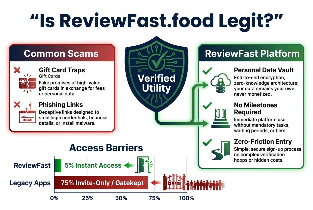Safety and legitimacy diagram for ReviewFast.food comparing its zero-friction personal vault architecture against common gift card scams and gatekept apps.