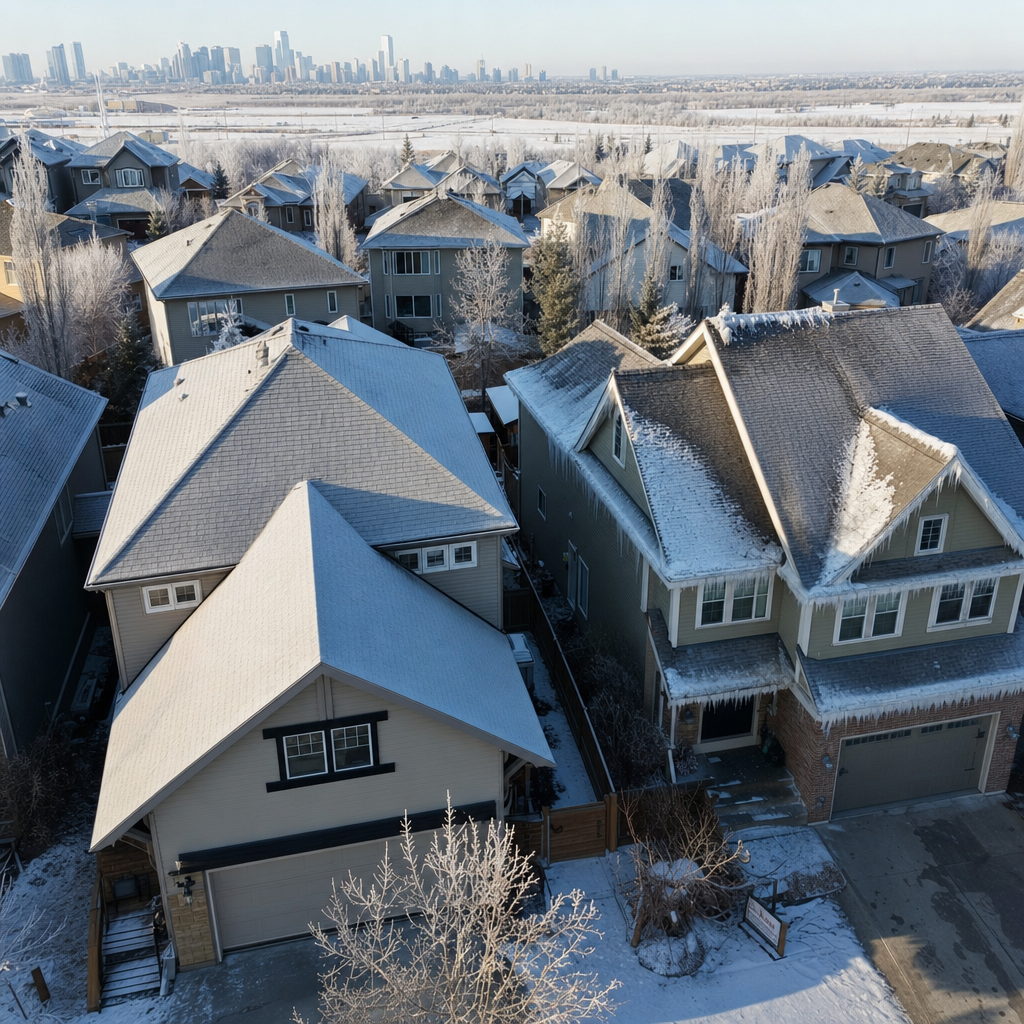 Calgary residential rooftops in winter showing ice dam formation along roof edges