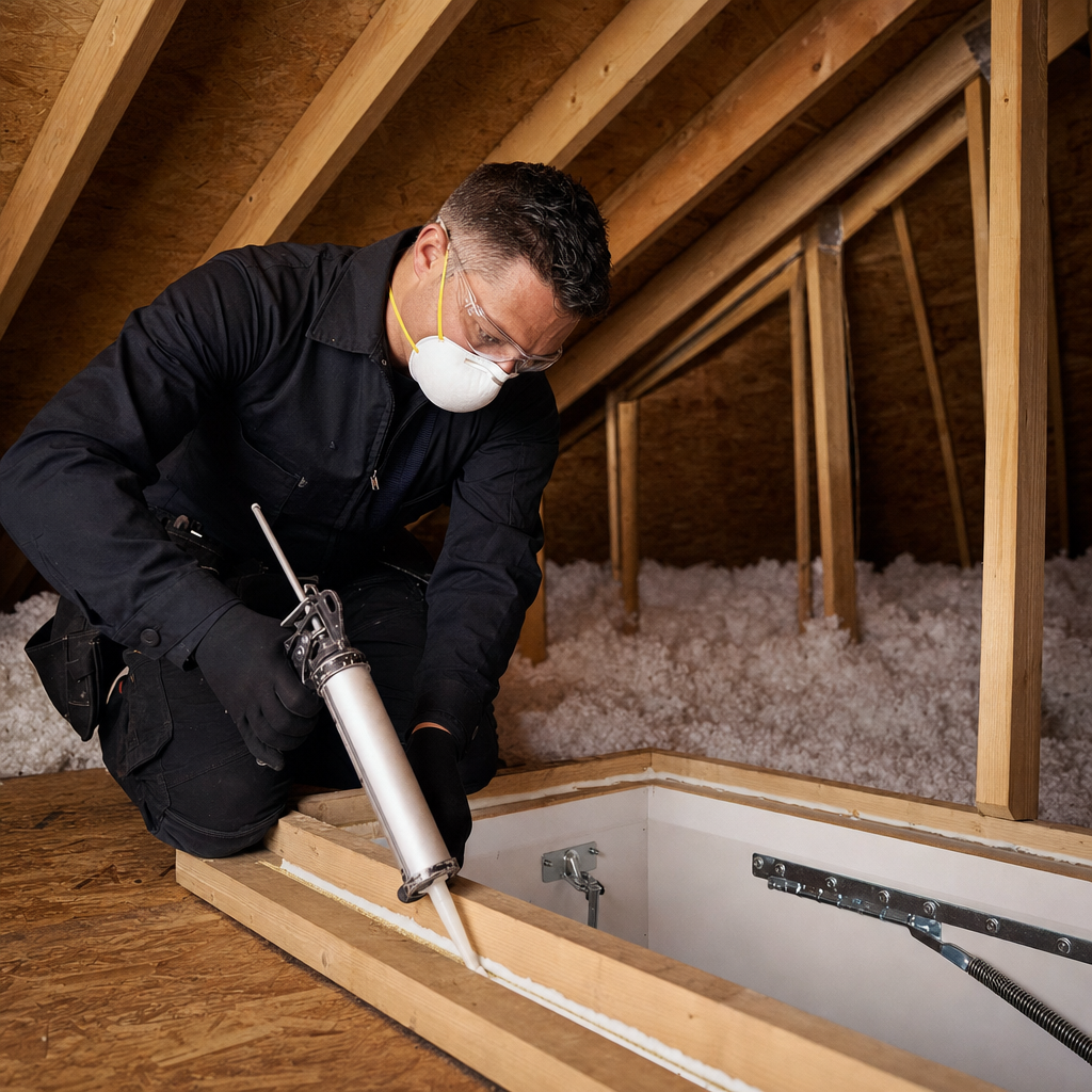 Professional insulation contractor air sealing around attic hatch in a Calgary residential attic