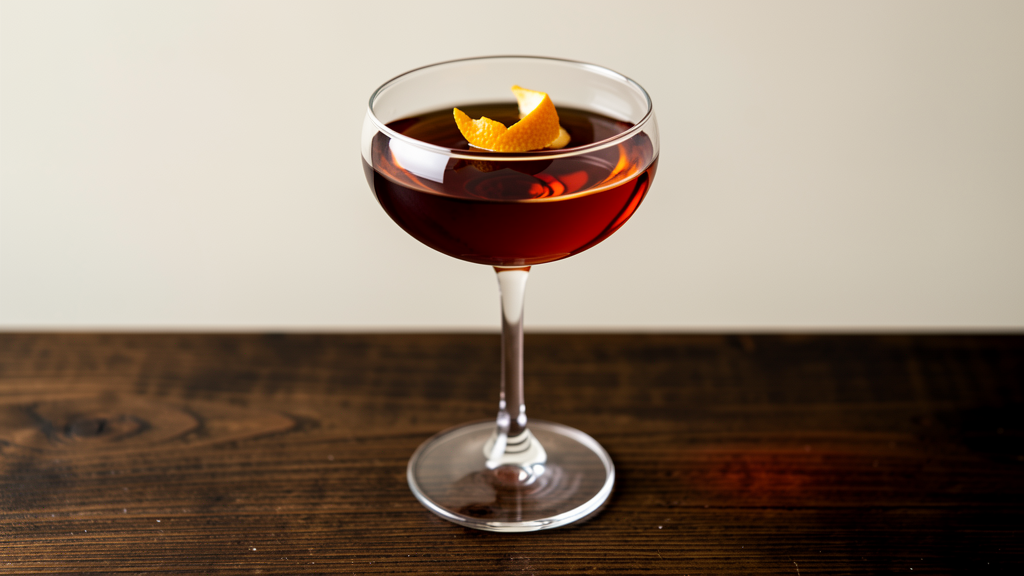 Black Manhattan cocktail in a coupe glass with a dark, rich amber color