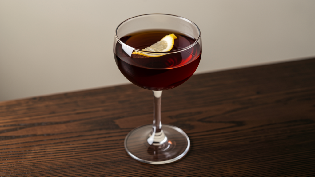 The Aperitif cocktail in a coupe glass with deep red-amber color from Campari