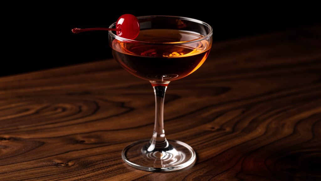Classic Manhattan cocktail in a coupe glass with a rich amber color and cherry garnish