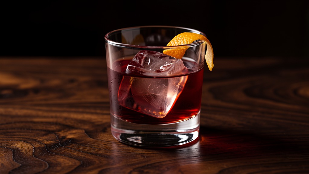 Classic Negroni cocktail in rocks glass with ice, showing the characteristic red color from Campari