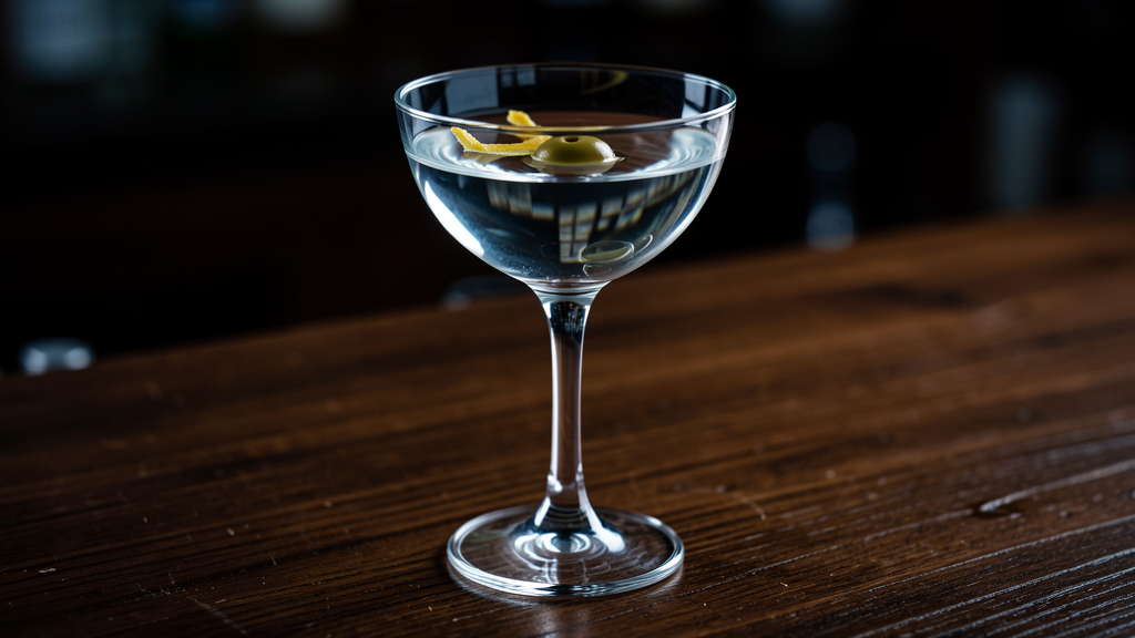 Classic Martini cocktail in a martini glass with clear gin and a lemon twist garnish