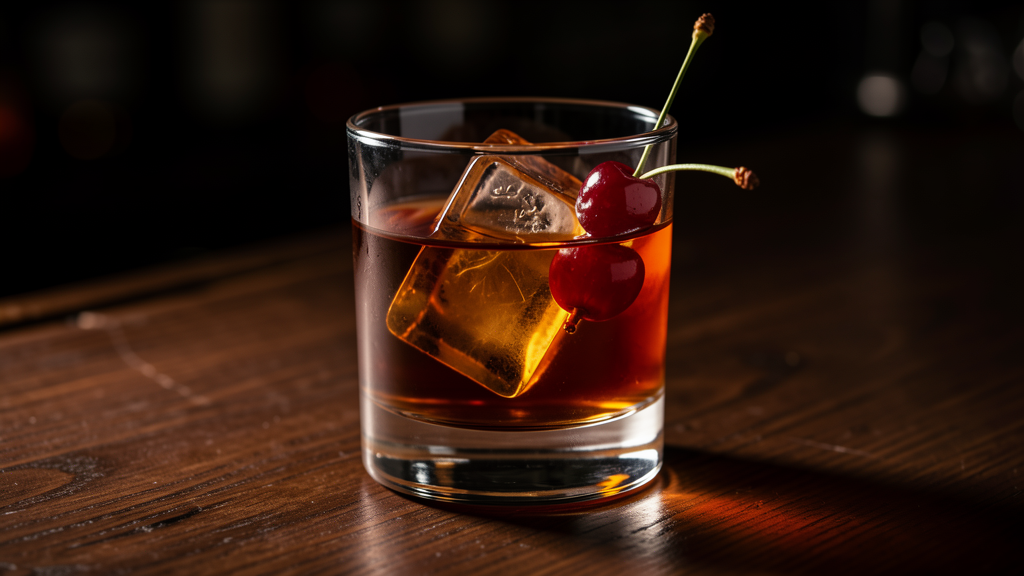 Old Fashioned cocktail in a rocks glass with ice, showing the rich amber color from bourbon and simple syrup