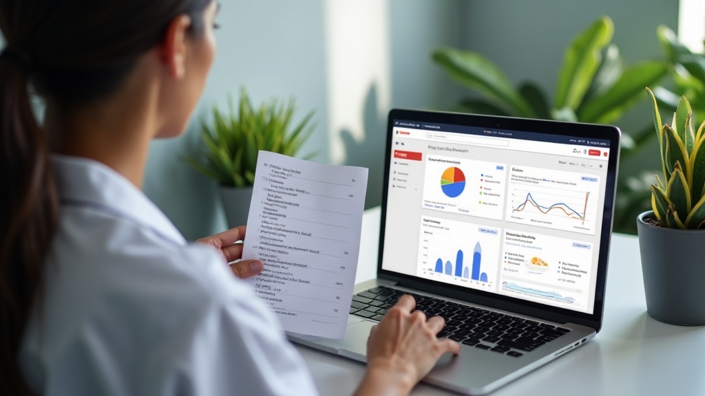 Profissional de saúde analisando no notebook buscas locais do consultório no Google.