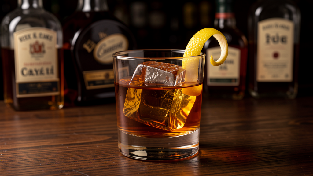 Vieux Carré cocktail in a rocks glass with ice, showing the complex amber color from rye, cognac and Benedictine