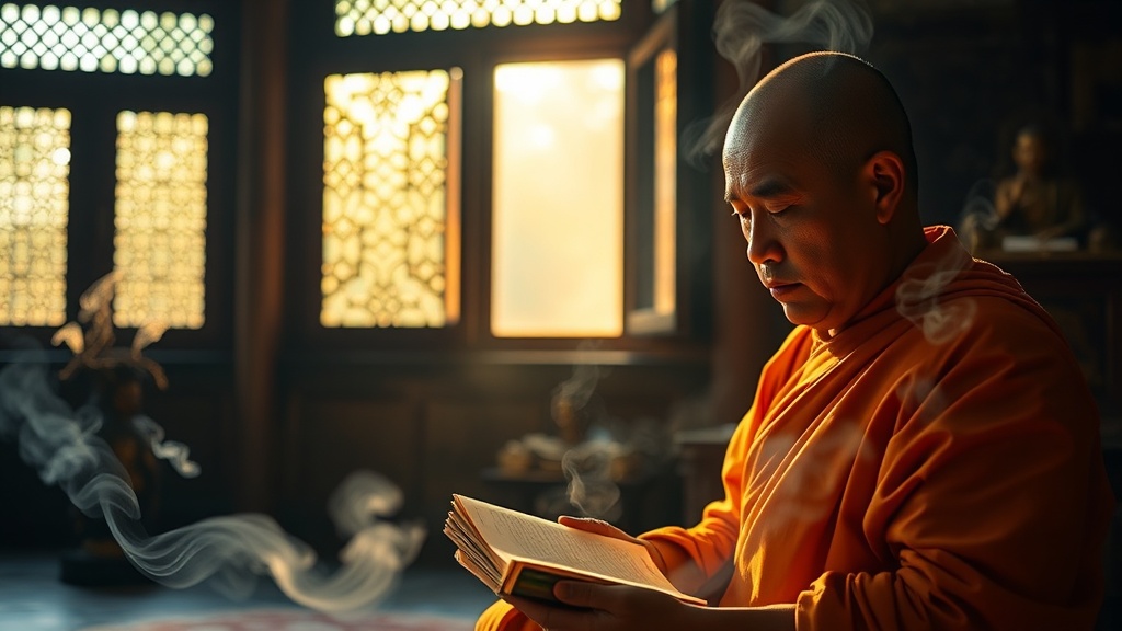 Moine bouddhiste lisant les sutras dans un monastère baigné de lumière matinale