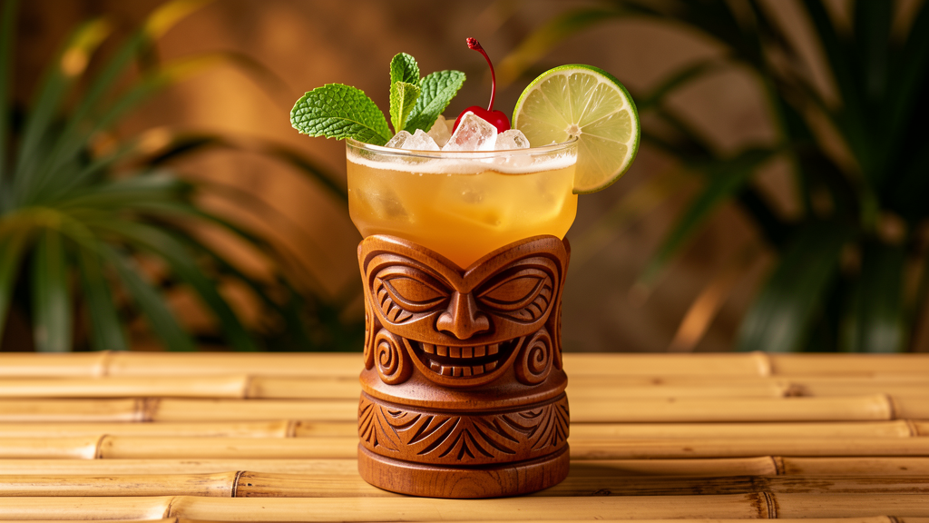 Mai Tai cocktail in a rocks glass with crushed ice, showing the rich golden color from aged rum and orgeat syrup, garnished with mint