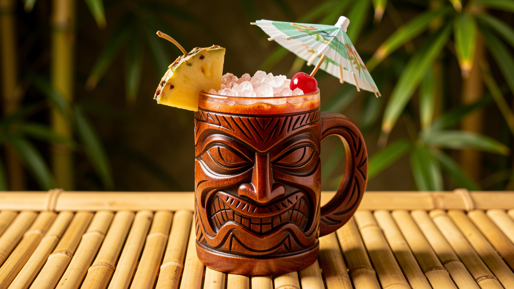 Jungle Bird cocktail in a tiki mug with dark amber color from Jamaican rum and Campari, garnished with pineapple leaves