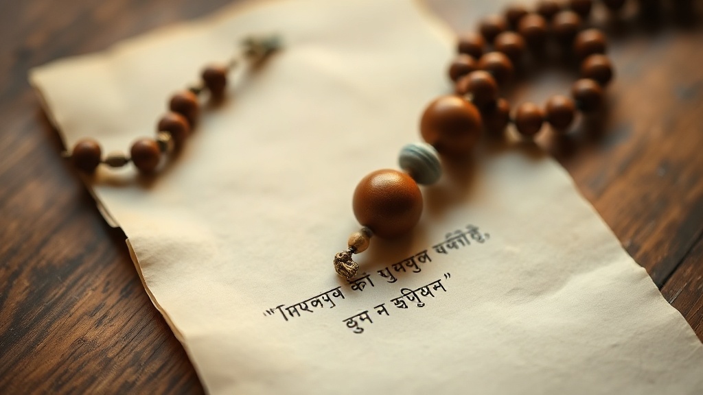 Chapelet mala bouddhiste posé sur une surface en bois à côté d'une note calligraphiée en sanskrit