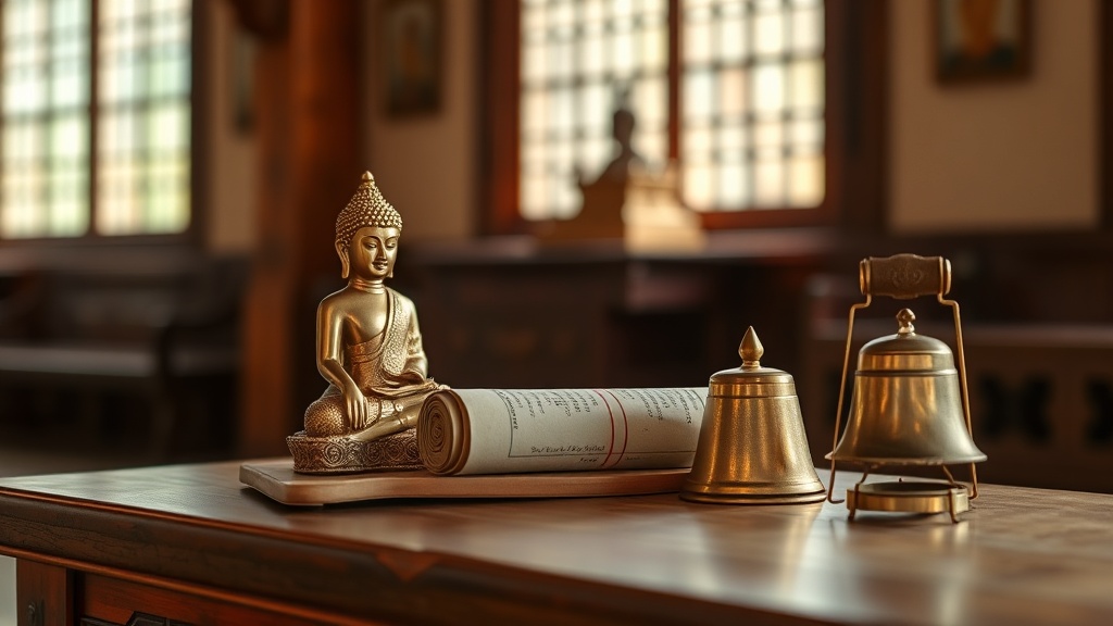Autel bouddhiste avec les Trois Joyaux : statuette du Bouddha, texte sacré et cloche de la Sangha