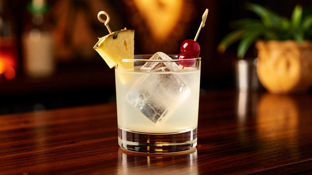 Jungle Bird Clarified cocktail in a coupe glass with crystal clear appearance from milk washing, maintaining the complex tropical flavors