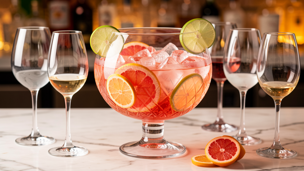 Rosé Paloma Punch in a large pitcher with pink color from rosé wine and grapefruit, garnished with citrus slices