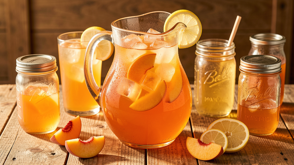 Peach Bourbon Iced Tea in a large pitcher with amber color from bourbon and peach tea, garnished with fresh peach slices