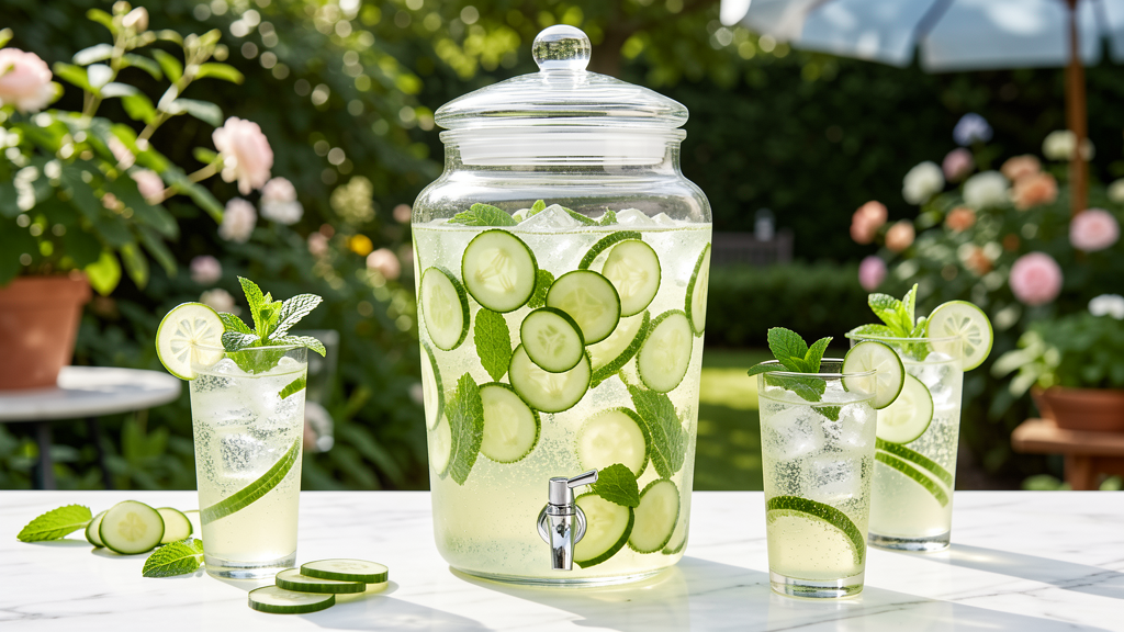 Cucumber Mint Gin Spritz in a large pitcher with light green color from cucumber and fresh mint sprigs