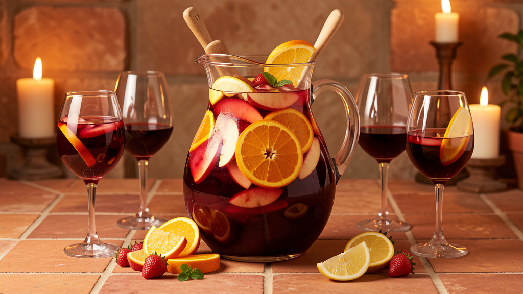 Classic Spanish Sangria in a large pitcher with deep red color from red wine and brandy, filled with fresh citrus slices