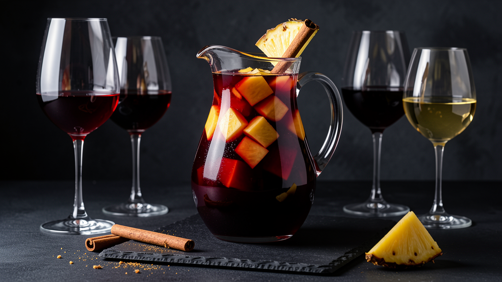 Experimental Sangria in a pitcher with deep burgundy color from cabernet and cola, garnished with pineapple and fresh fruit