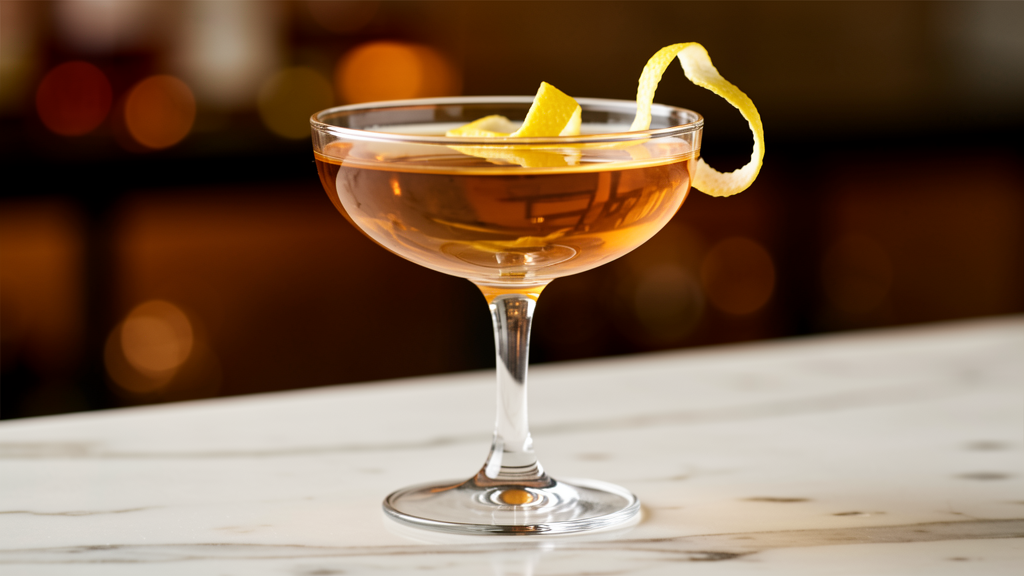 Paper Plane cocktail in coupe glass with lemon twist garnish on marble bar surface, golden amber color