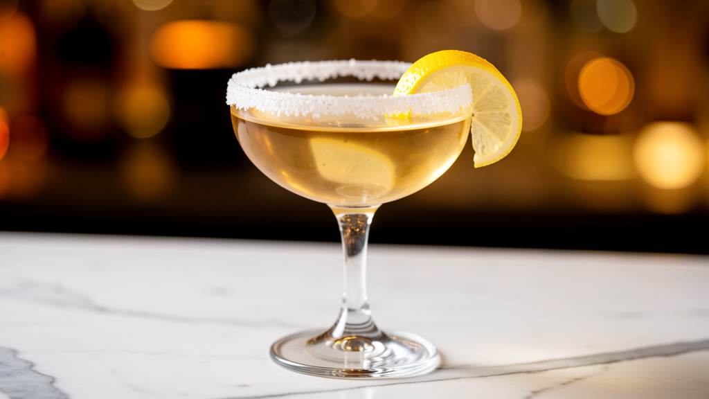 Sidecar cocktail in crystal coupe glass with sugar rim and lemon twist garnish on marble surface
